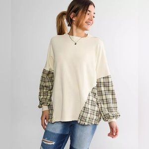 BKE - Cream - Pieced Plaid Top - Size Medium